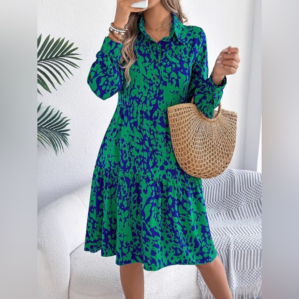 Printed Collared Neck Long Sleeve Dress